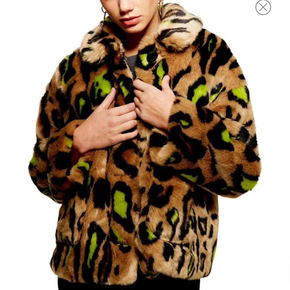 Topshop Juno Leopard Faux Fur Coat Jacket Size Medium